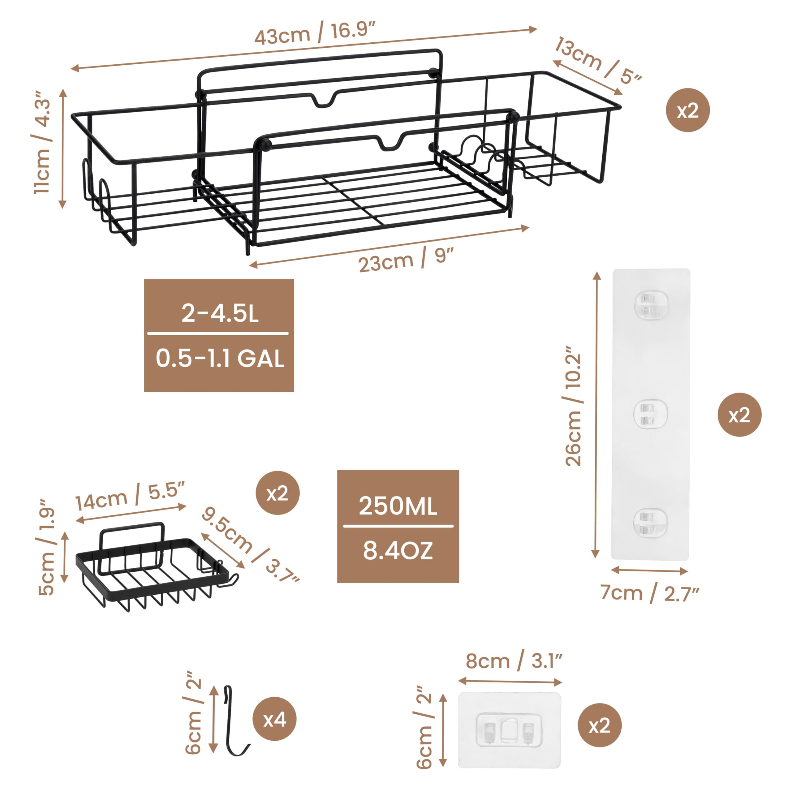 BELLE VOUS 2 Mensole Doccia - Porta Oggetti Bagno Shampoo - Dimensioni Mensola Adesiva 23-43 cm - Accessori Portaoggetti da Appendere Senza Forare - Nero