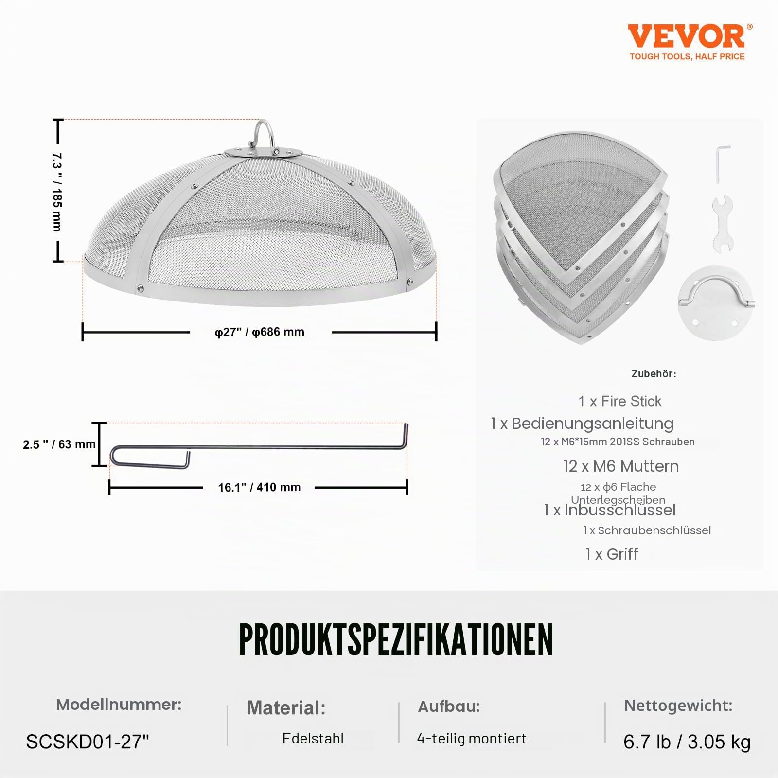 VEVOR Funkenfang für Feuerschalen φ686 x 185 mm Feuerstellengitter Funkenschutz Edelstahl Funkenhaube 2-mm-Maschenlöcher Feuerschale Funkenschutzhaube Ideal für Feuerstellen Feuerschalen und Kaminen