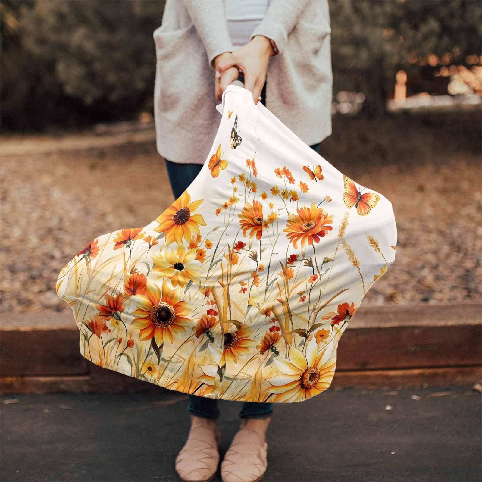 Butterfly Country Farmhouse Style Nursing Cover for Breastfeeding Scarf, Watercolor Orange Wildflowers Baby Car Covers Super Soft Multi Use for Canopy Shopping Cart Cover Blanket Stroller Cover