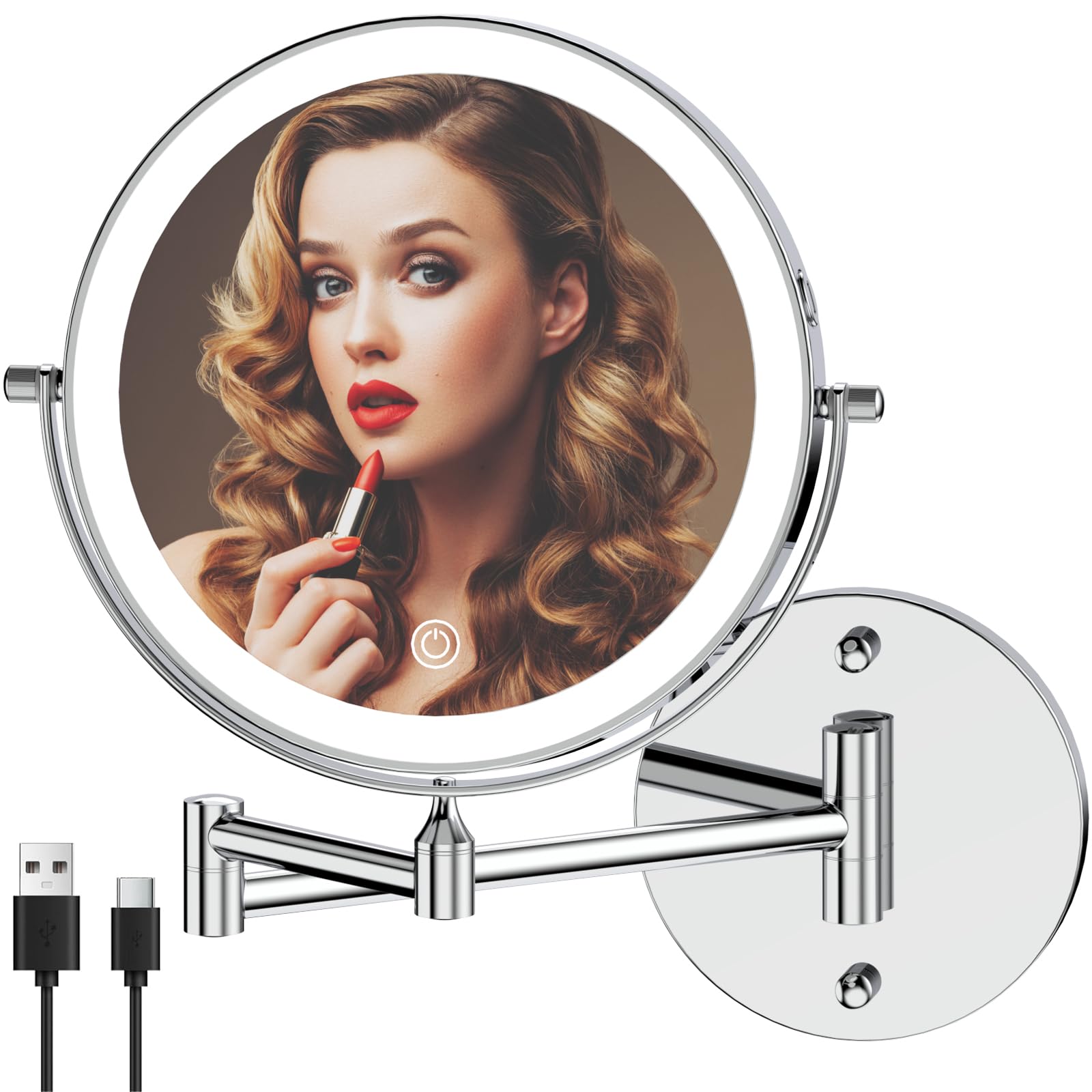 Espejo de cambiador de maquillaje recargable iluminado montado en la pared, 8 pulgadas, doble cara, 1 x 10 aumentos, iluminación de 3 colores, atenuación de visualización táctil, espejo de