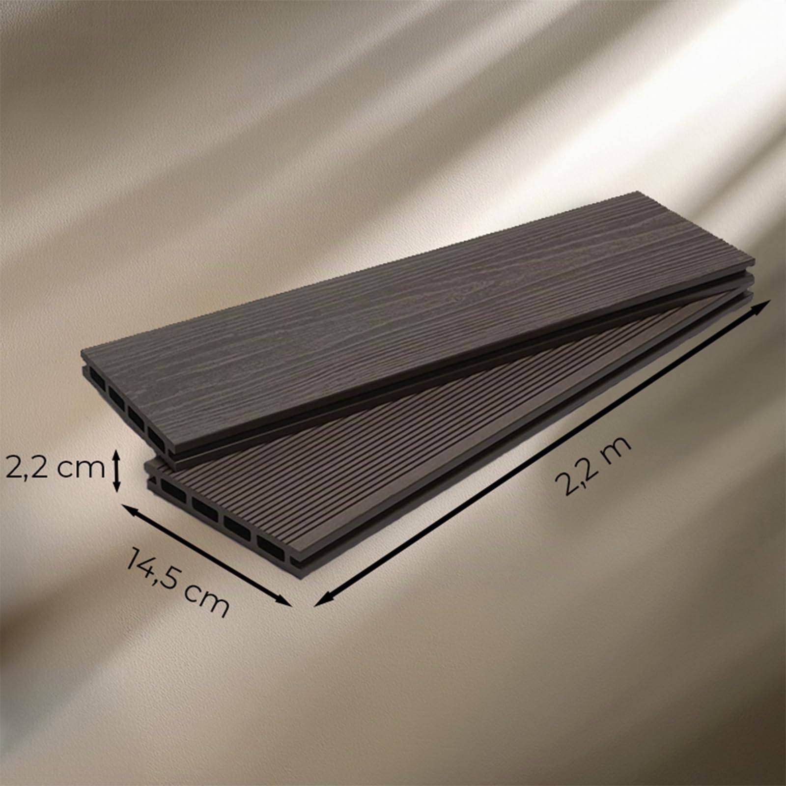 YOEVU | Pack 2 Lama de composite WPC | 2,2m x 14,5cm x 2,2cm, gris, marrón café | Resistente a la intemperie, antideslizante, fácil de instalar | Para terrazas y exteriores