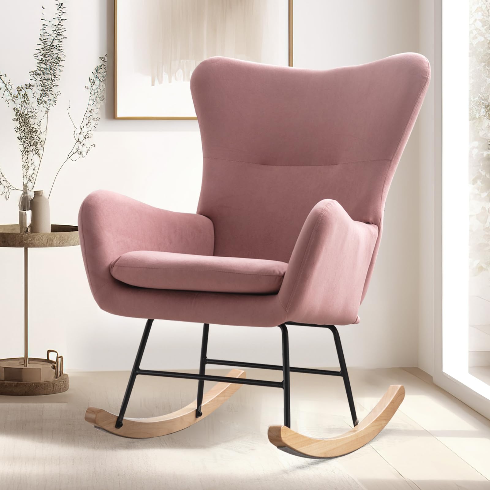 Bonzy HomeVelvet Rocking Accent Nursery Chair Small Upholstered Glider Rocker Chair for Baby Nursery Padded Seat with High Backrest Armchair Comfy Side Chair Bedroom Living Room Chair, Pink