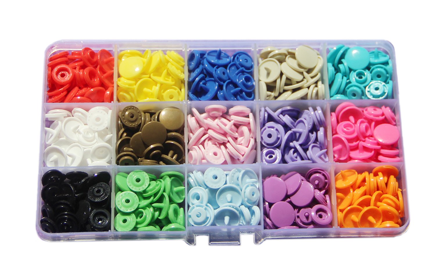15-Color Snaps Storage Container 150 Sets Size 20 T5 Plastic Fasteners Punch Poppers Closures No-Sew Buttons for Cloth Diaper/Bibs/Unpaper Towels/Nappies/Buttons/Mama Pads