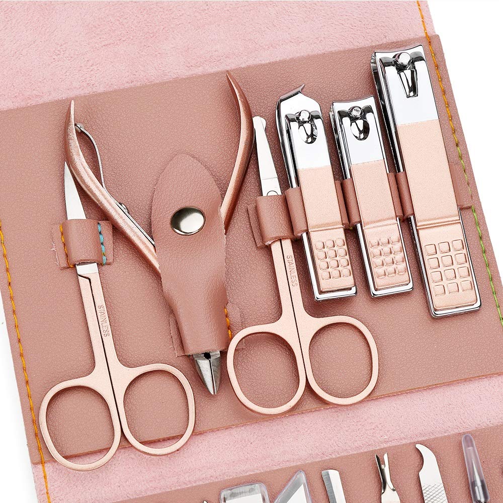 Juego de Cortaúñas Manicura 16pcs / set Rose Gold Nail Clipper Set Professo de acero inoxidable tijeras de uñas Scissors Clipper Tweeer Tools Family Foot Hand Care Set para el Cuidado Personal y la Be
