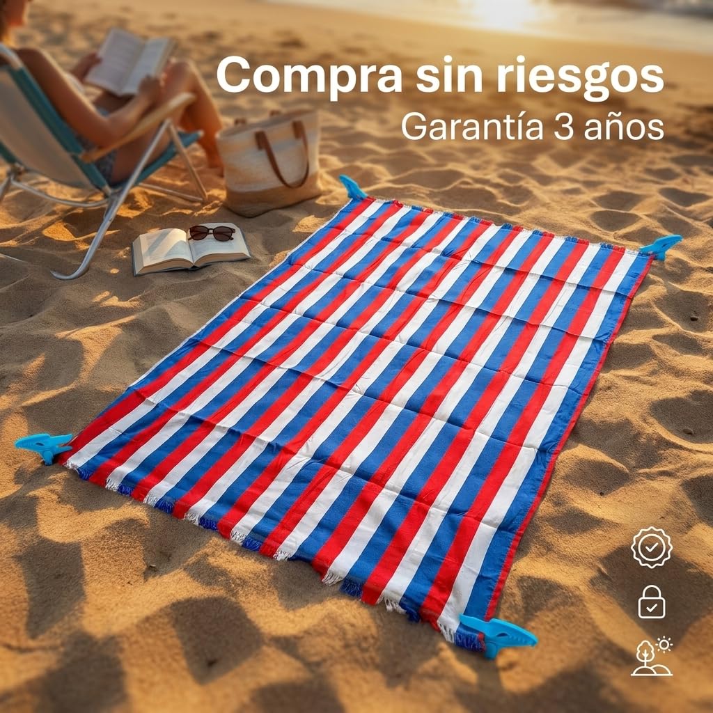 Pincho Lot de 2 grandes serviettes de plage avec pinces pour sable avec 4 pièces, anti-sable et séchage rapide XL 140 x 180 cm, rayures multicolores pour piscine et camping, avec franges