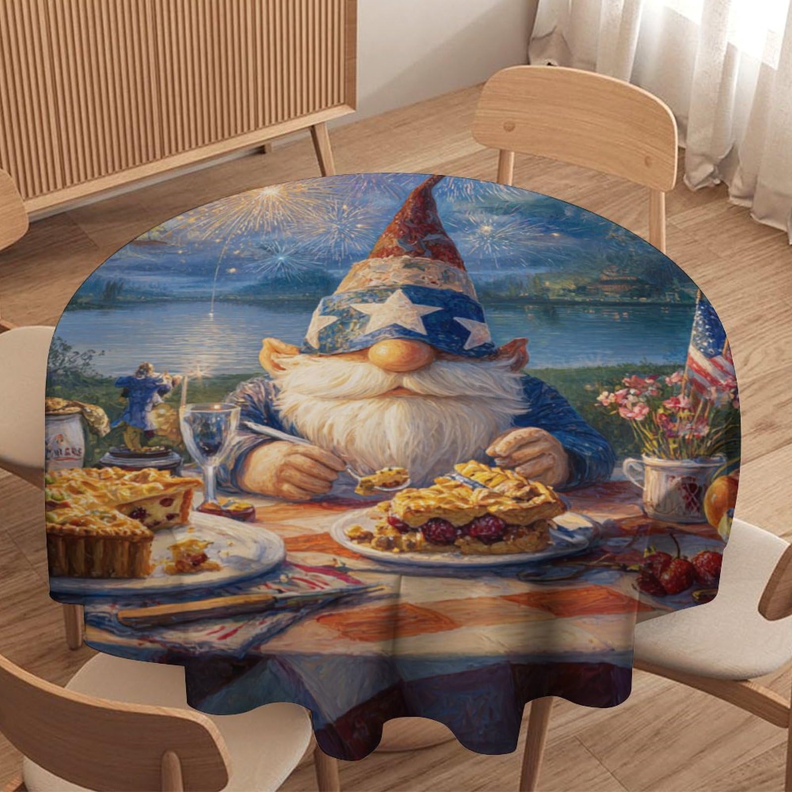 LUYYSKY Modern Art Funny Gnome Round Tablecloth Colorful Classic Patriotic American Flag Pattern Washable Decor for Table Cover for Kitchen-91.4" Wx91.4 L cm