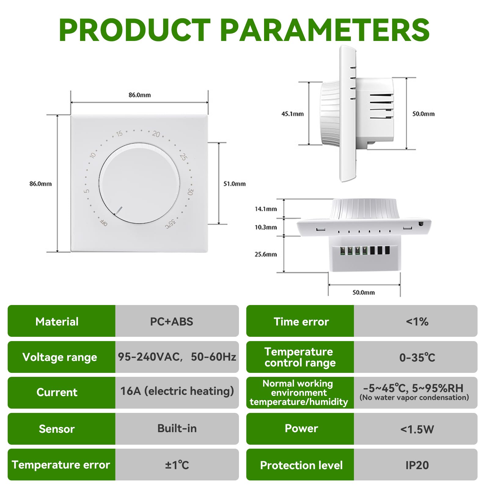 Jadeshay Thermostat de Chauffage Mécaniques pour Électriques Chauffage au Sol 16A Régulateur de Température avec Sonde Intégrée Bouton pour Chauffage et Climatisation 0-35 °C Blanc