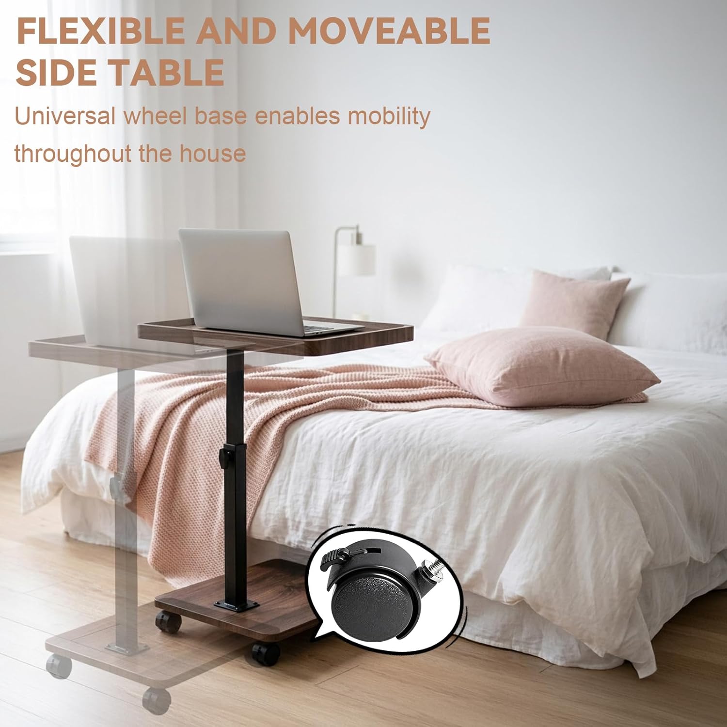 C Table End Table Adjustable Height, 360° Swivel Laptop Desk TV Tray with Wheels, C Shaped Side Tables Living Room and Bedroom for Sofa, Couch Tables for Small Spaces, That Slide Under