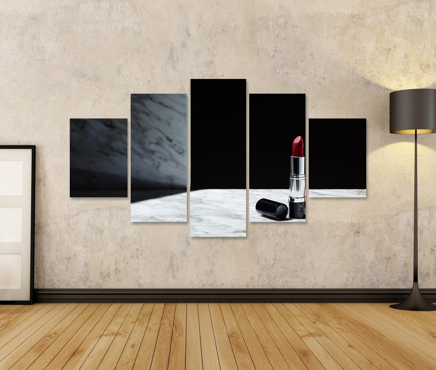 islandburner Bild auf Leinwand Eleganter roter Lippenstift auf Marmor mit Glitzerstein - 5-teilig