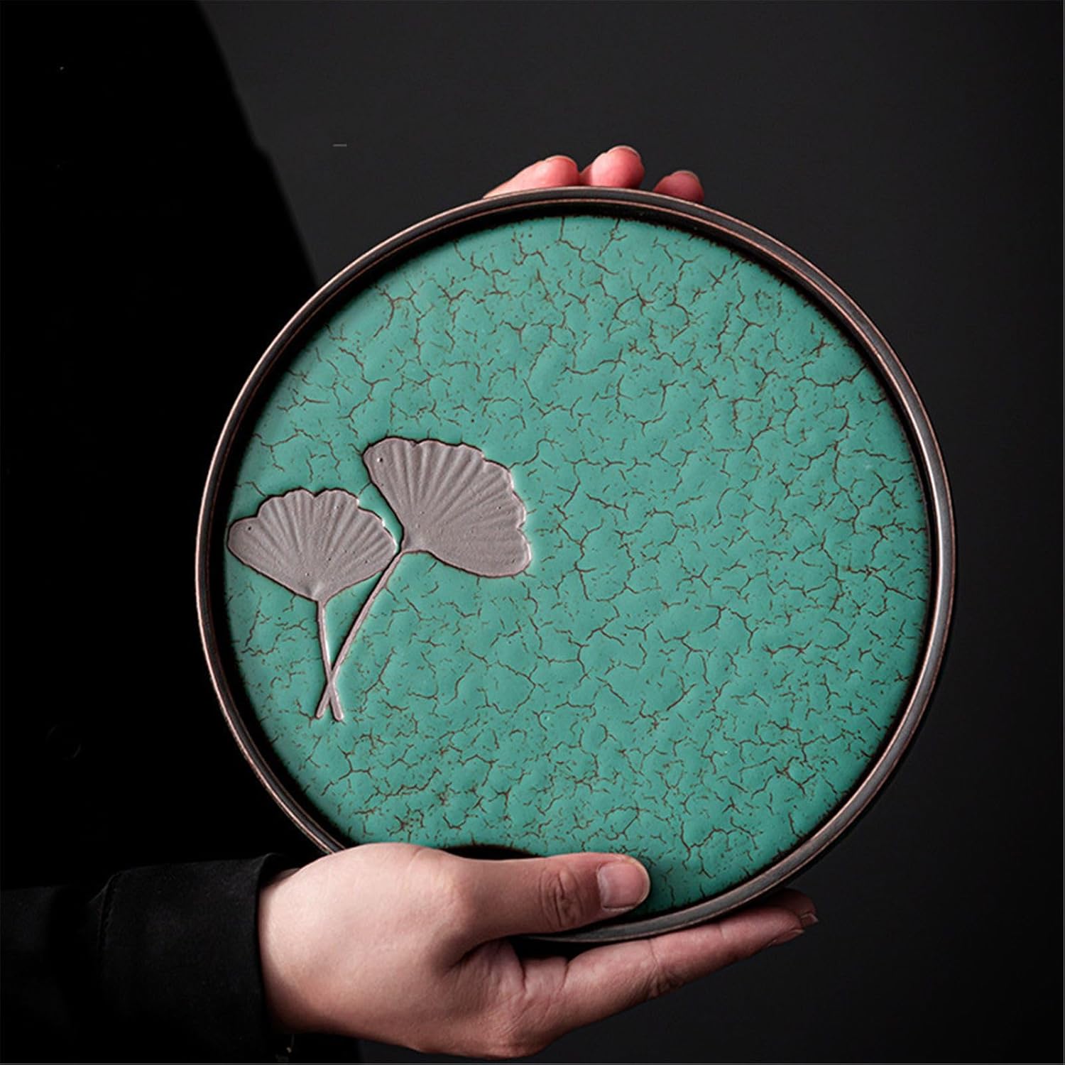 Ceramic Tea Tray, Home Use, Round Gongfu Tea Set, Small Tea Table Style Dry Brewing Tray, Tea Tray, Retro Tea Sea-Color1