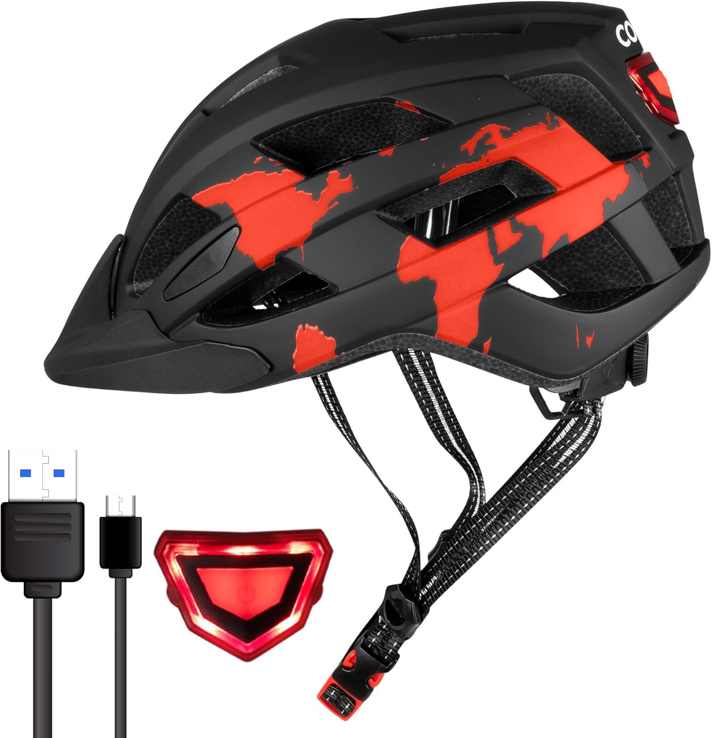 Casco da bici con luce LED ricaricabile tramite USB, leggero, ammortizzante e regolabile, per ragazzi e adulti, per mountain bike, strada e skate (54-58 cm)