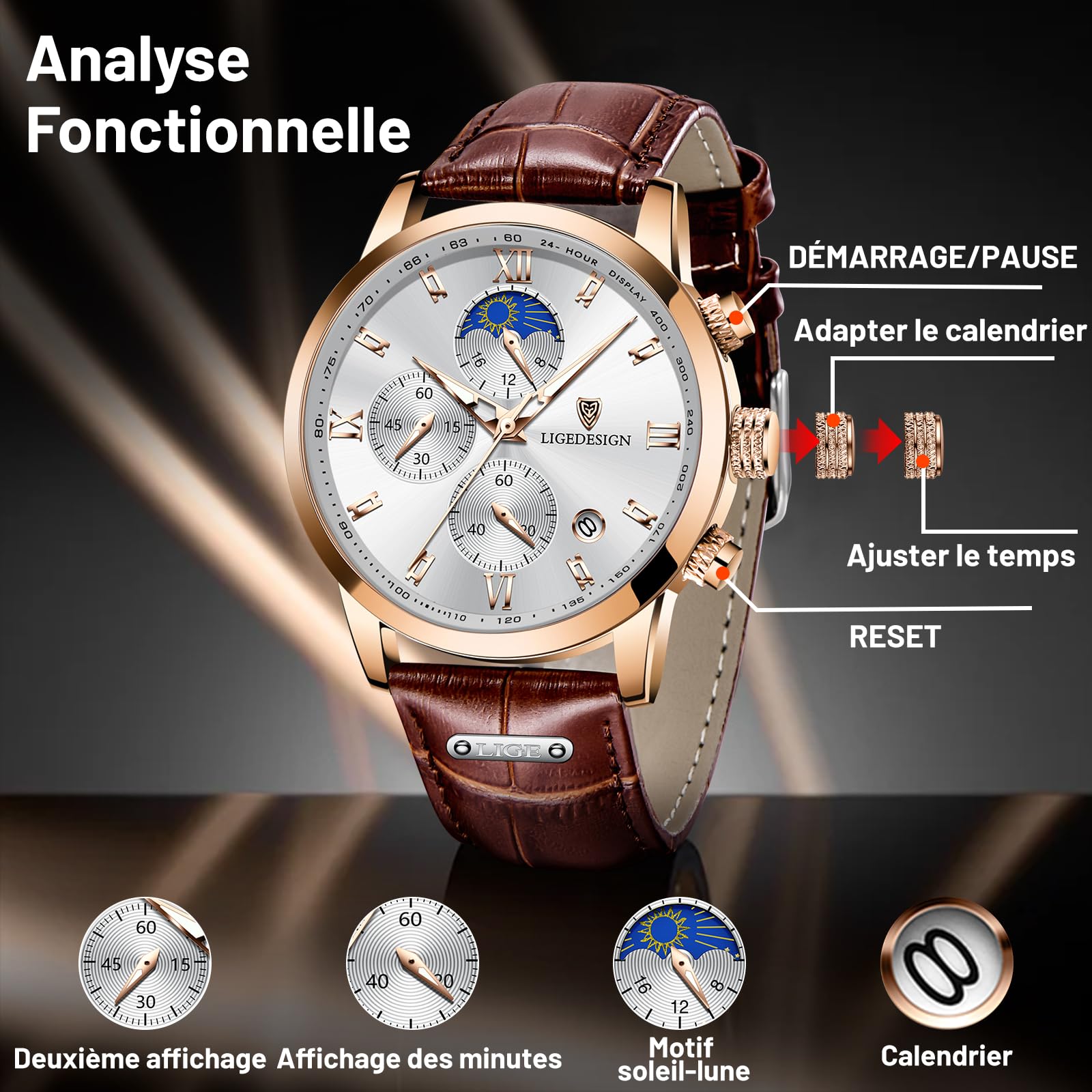 LIGE Montre Homme, Chronographe Quartz Analogique, Cadran Chronographe Jour-Lune, Bracelet en Cuir, Aiguilles Luminescentes, Affichage de la Date, Montre Homme Etanche 3ATM, Outdoor Décontracté