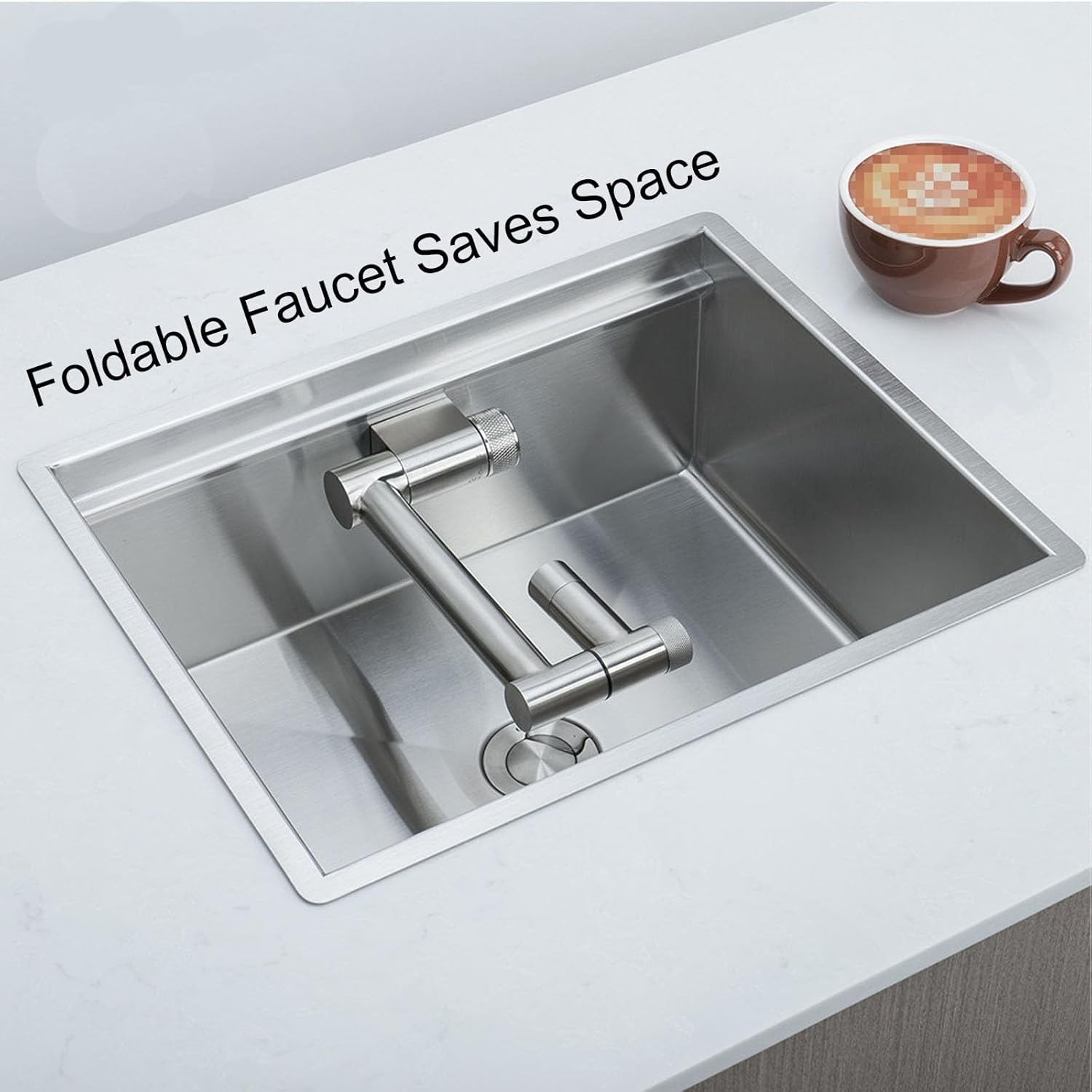304 Stainless Steel RV Sink, Drain Cover Small RV Sink Set, with Multi Angle Folding Faucet Hot and Cold Water + Purified Water 15.7x12.6x6.5in(Silver)