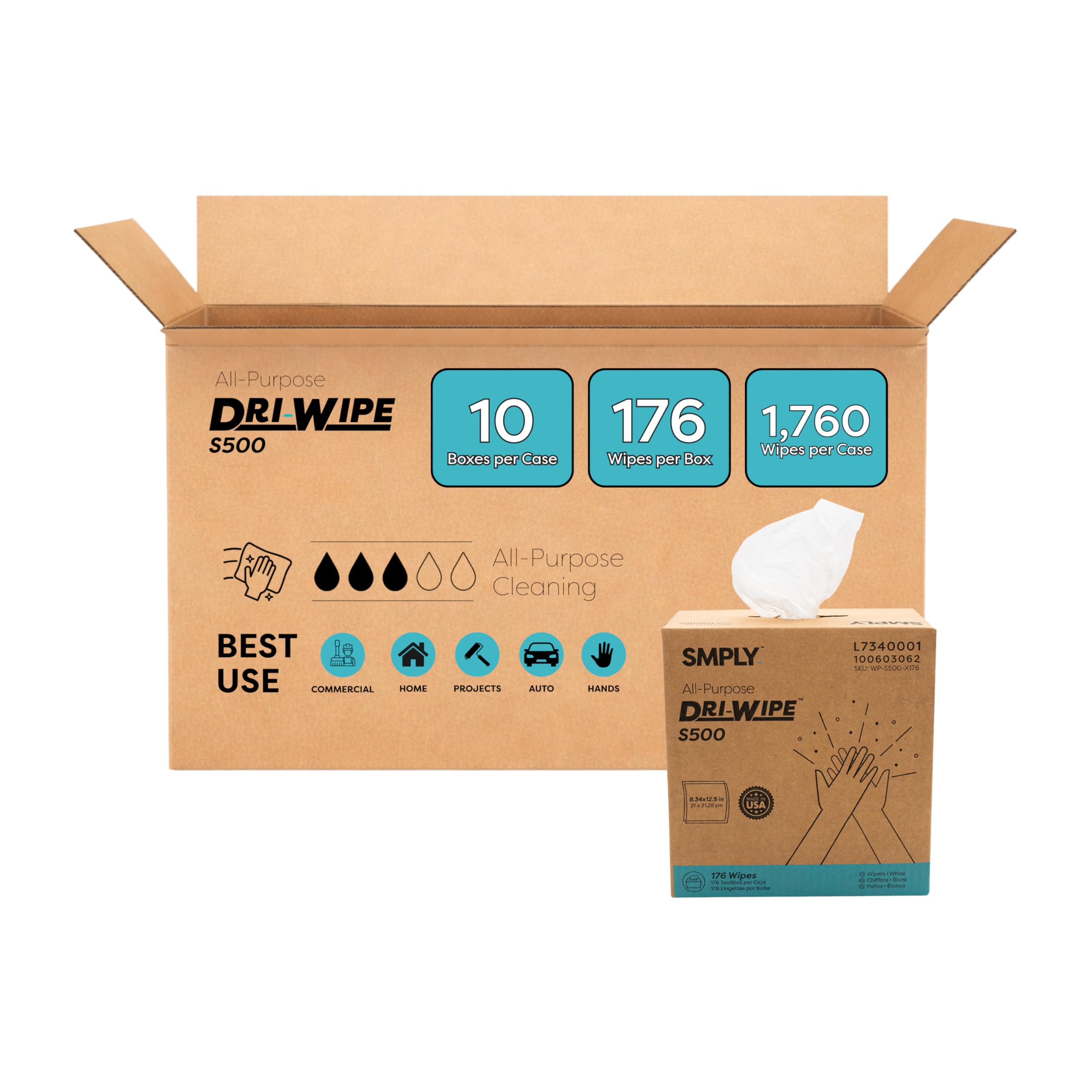 SMPLY. S500 Dri-Wipe | 176 toallitas por caja, paquete de 10 cajas | Limpiaparabrisas duraderos y reutilizables para hospitales, escuelas, servicio de alimentos, automóviles y más.