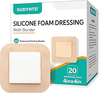 Silicone Foam Dressing 4"x4" Gentle Border, 20 Pack Waterproof Silicone Bandages for Wounds Care, Super Absorbent Wound Dressing, Bed Sore Patches, Self Adhesive Pressure Sore Pads