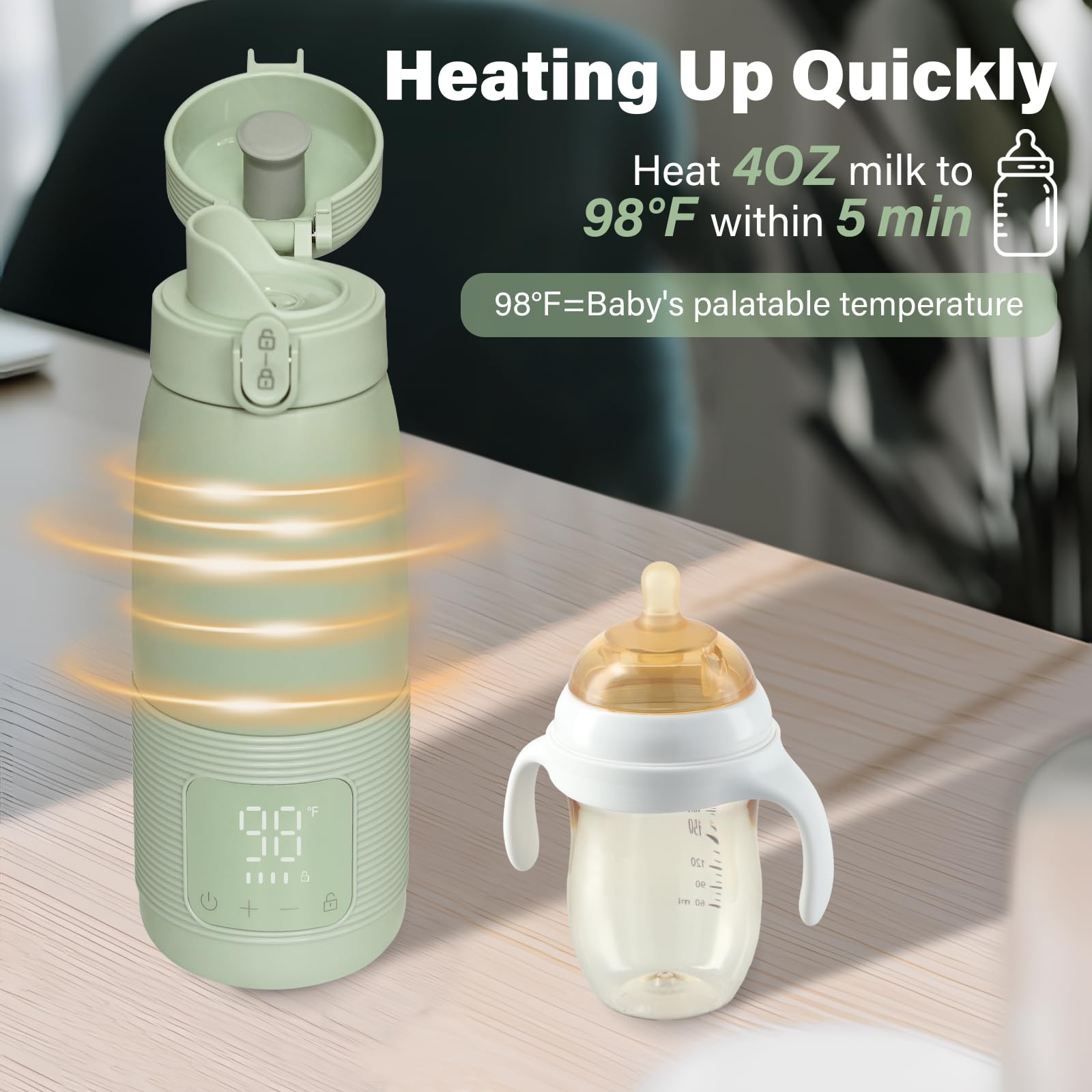 Calentador de biberones portátil para viajes, calefacción de 5 minutos para leche materna, fórmula y agua, 340.2 g, gran capacidad, batería de larga duración, petaca de bebé para vehículo, coche