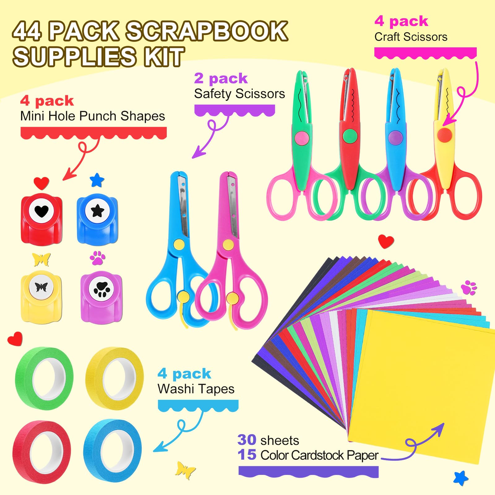 UCEC 44 Pack Scrapbook Supplies Kit, Craft Scissors Decorative Edge, Safety Scissors, Hole Punch Shapes Craft, Cardstock Paper, Washi Tapes for DIY Art, Crafts, Scrapbook, Card Making, School Supplies