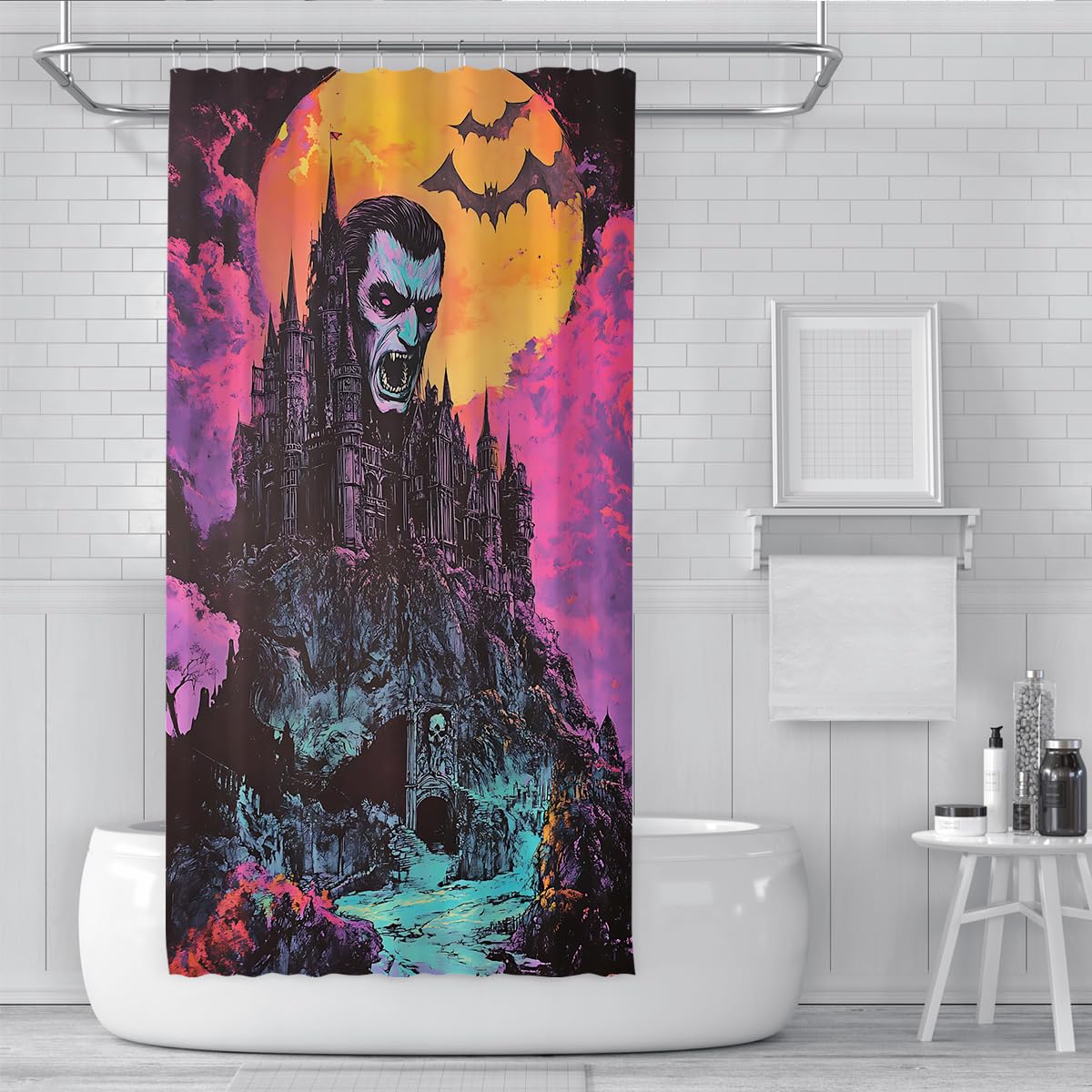 Tende Doccia Castello Vampiro Viola Gotico Halloween Luna 150x200cm