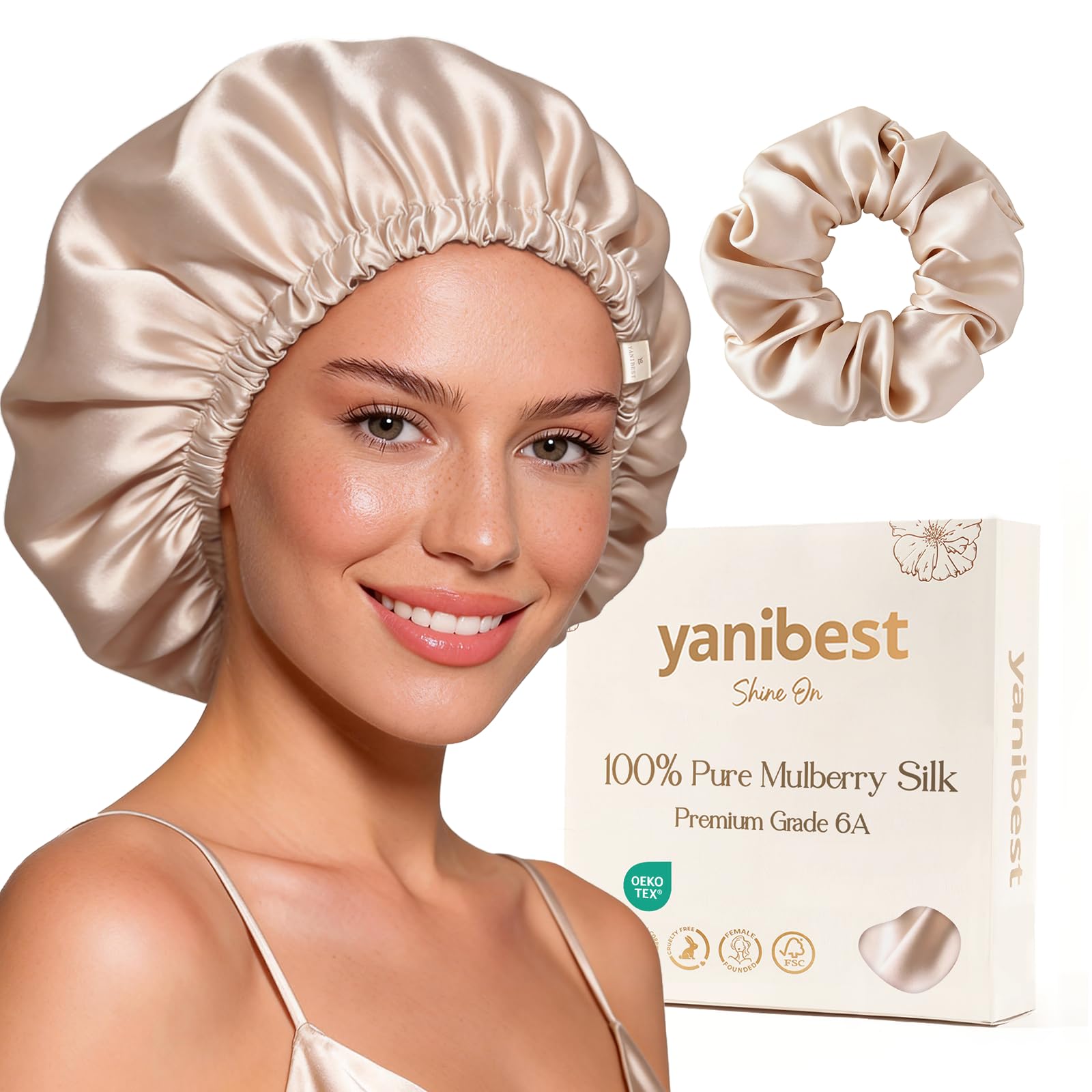 Yanibest Women's Champagne 22 Momme 100% Mulberry Silk Bonnet For Sleeping, Double Layer Sleep Cap Hair Wrap For Natural Silk Hair Bonnet With Scrunchie