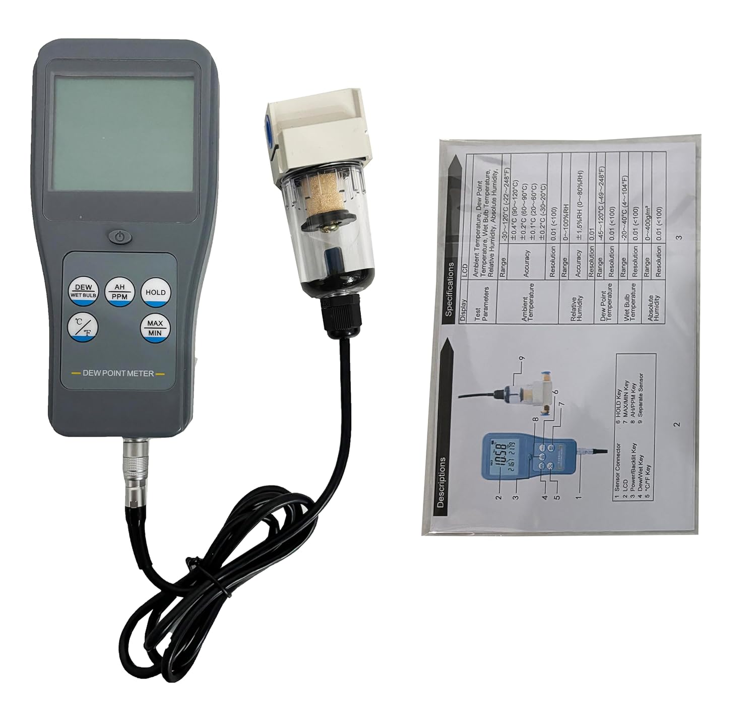Dew Point Monitors Split Precision Dewpoint Meter for Measuring Ambient Temperature, Dew Point and Wet Bulb Temperature, Relative Humidity, Absolute Humidity, PPM