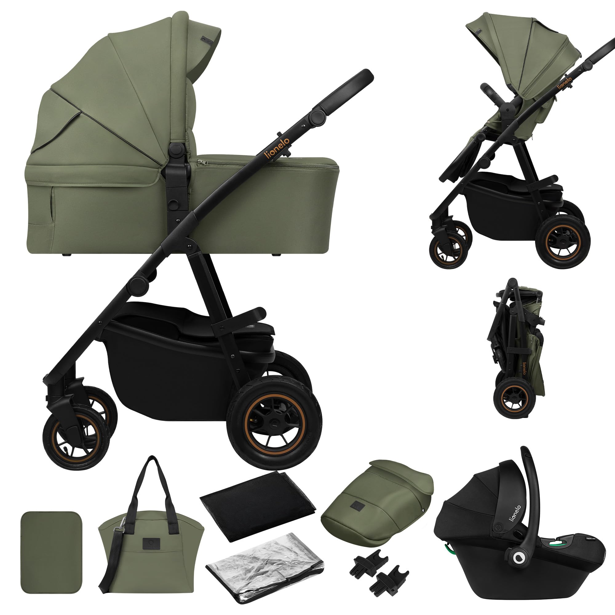 LIONELO AMBER PLUS 3 en 1 Carrito de bebe Multifuncional de 0 a 4 años hasta 22 kg con Capazo XL, Silla de coche hasta 13 kg, Respaldo Ajustable, Ruedas Grandes Todoterreno 360o Capota XXL