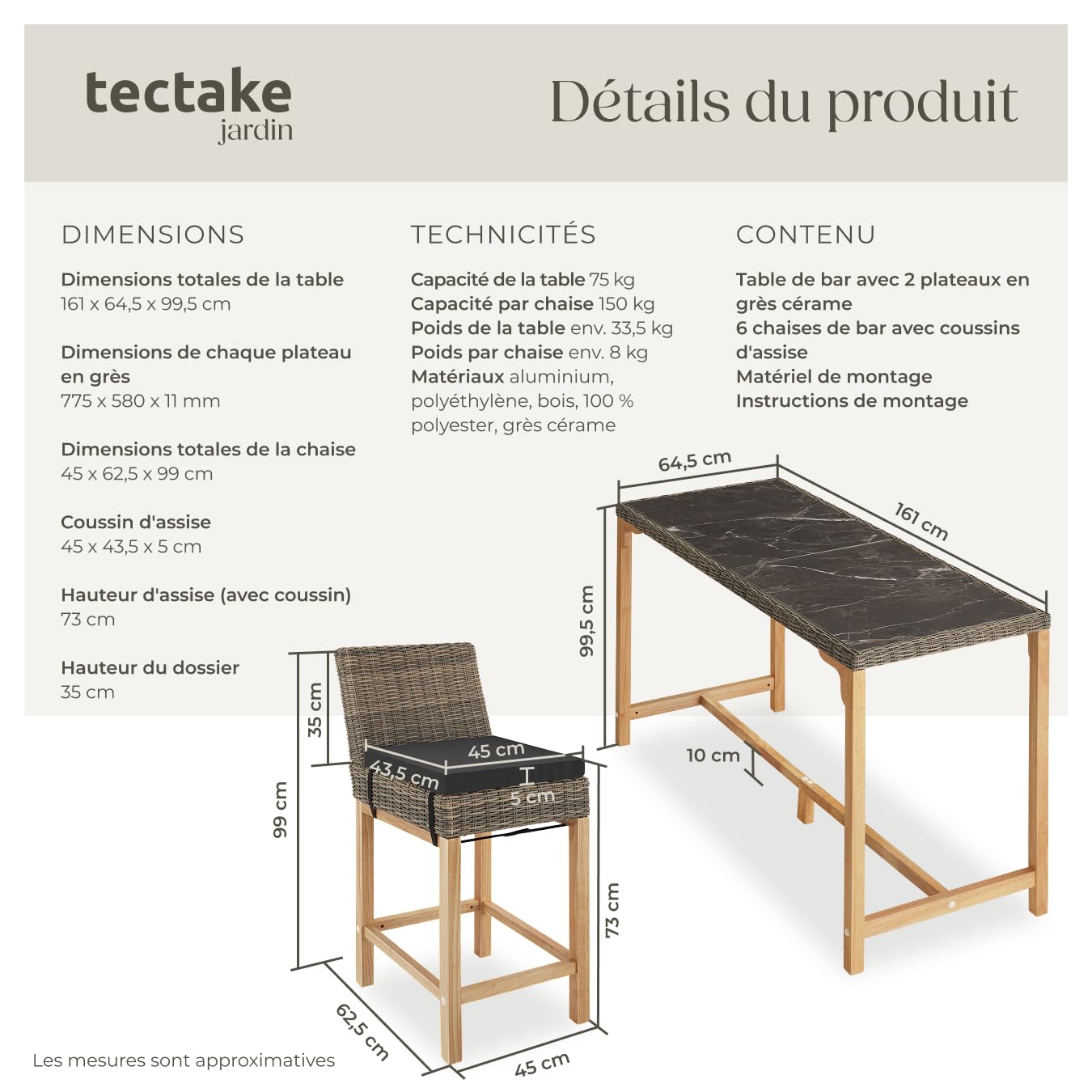 tectake® Ensemble de Bar Extérieur en Poly Rotin 6 Places - Table et Chaises de Jardin avec Coussins Inclus - Mobilier pour Aménagement Balcon