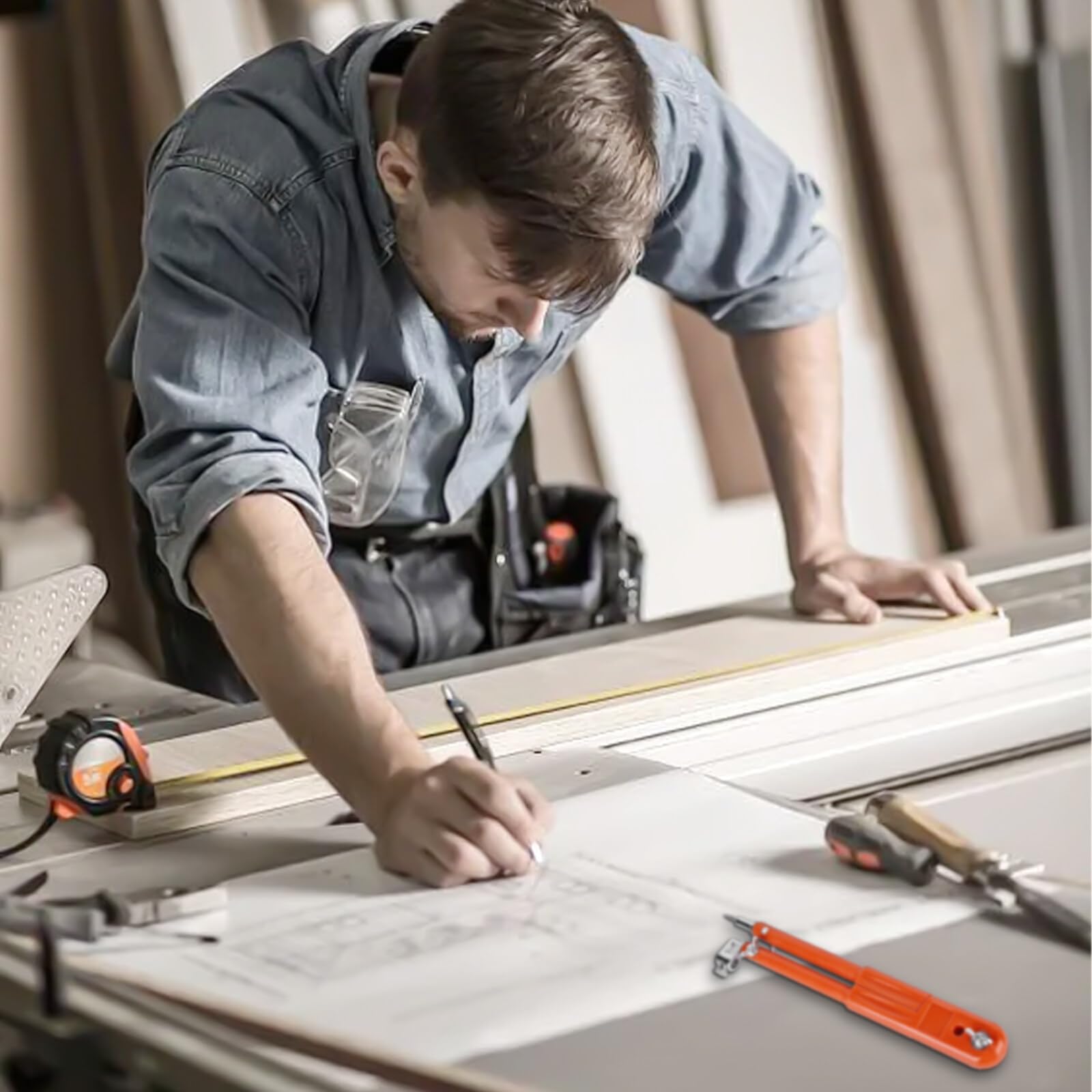 Carpenter Precisie-potloodpasser, groot potlood, markering, passer, passer, met penhouder, grote diameter, scheurgereedschap met diepe gatstift voor tekencirkels, timmerwerk, lederbewerking (L