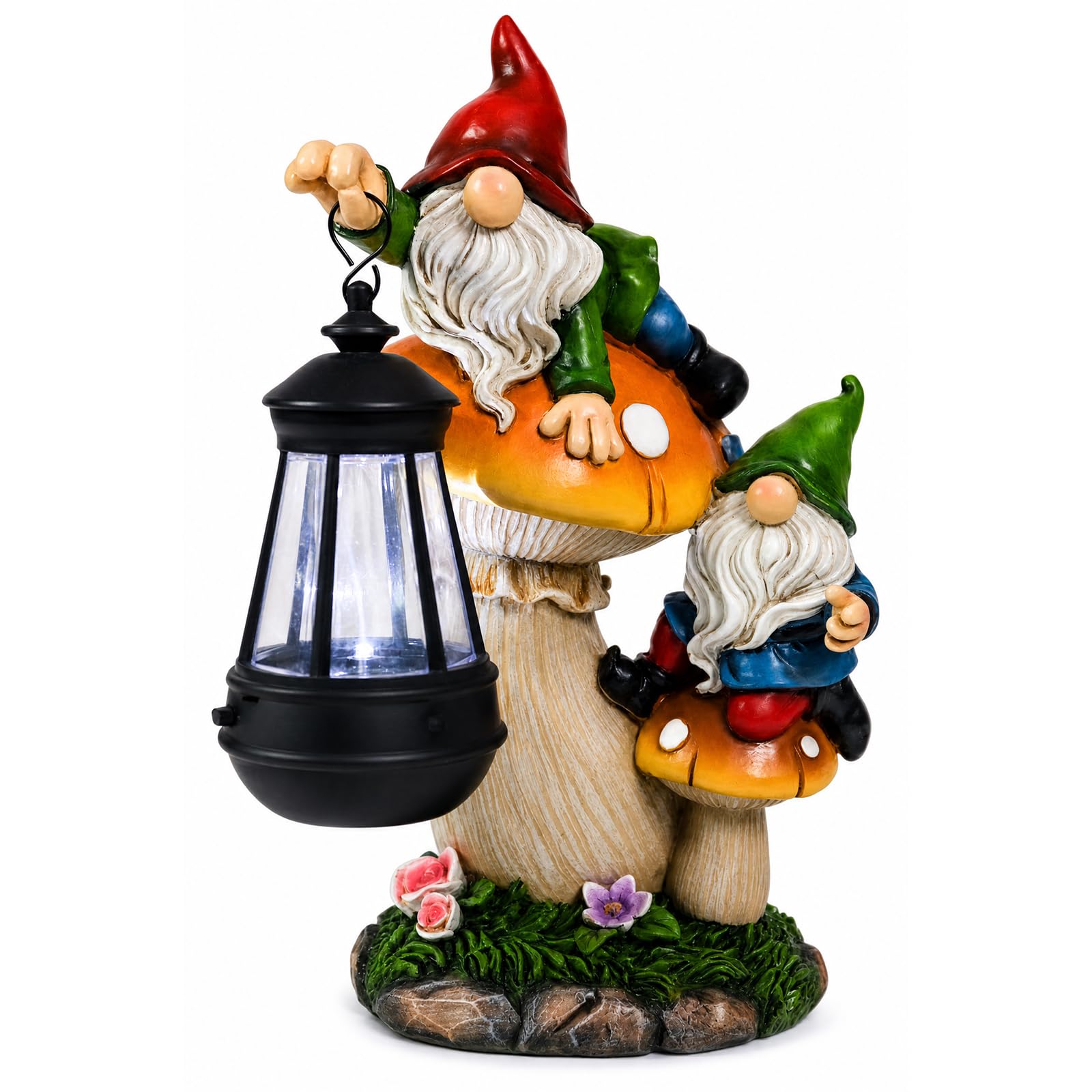 Estatua de gnomo de jardín, grande y divertida figura de gnomo que sube a los hongos y sostiene una linterna solar LED de resina para patio, patio, césped, porche, decoración al aire libre