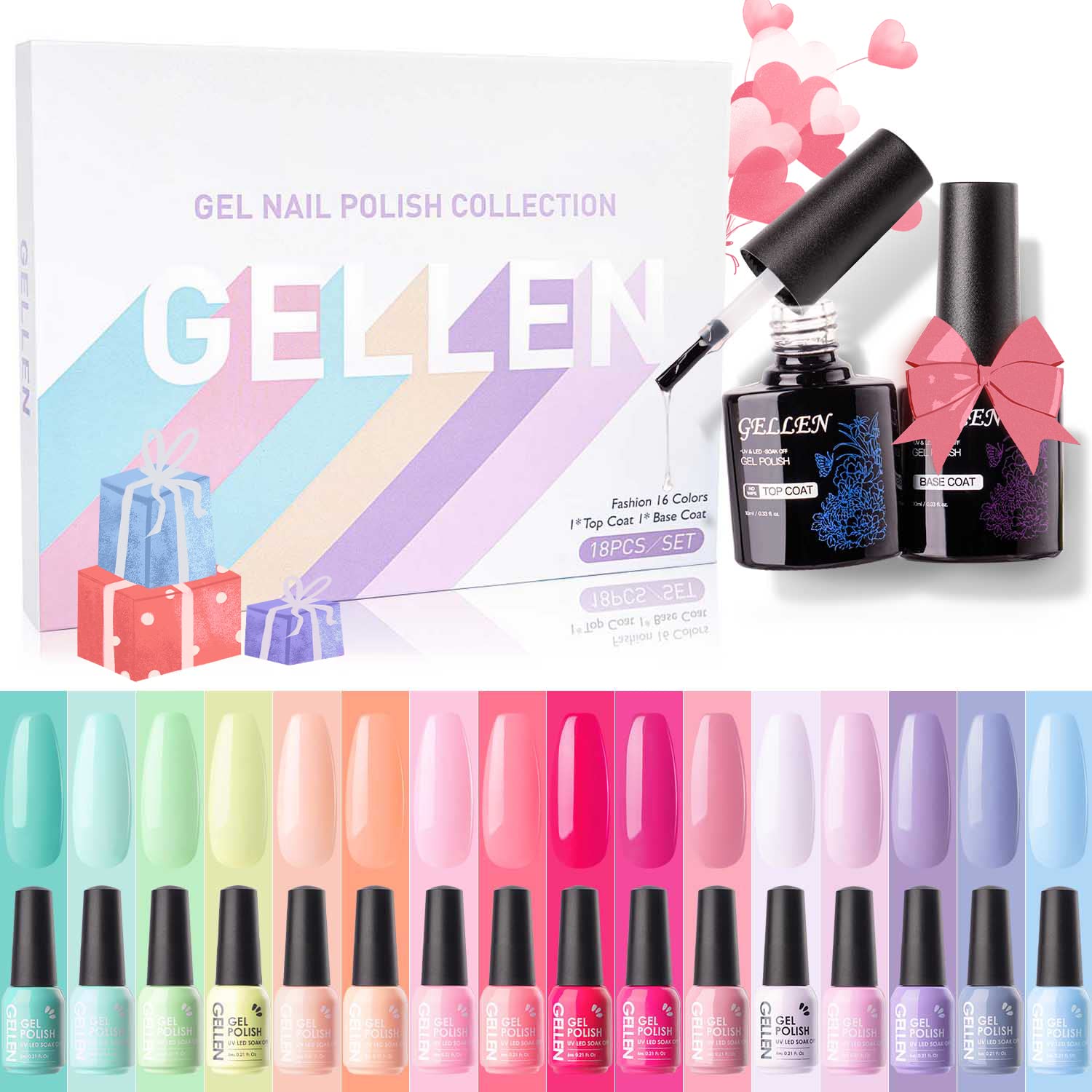 Gellen Gel Nail Polish Kit - 16 Colors Gel Polish Set with Top&Base Coats, Trendy Rainbow Pastel Nail Gel Polish Home Gel Manicre Kit