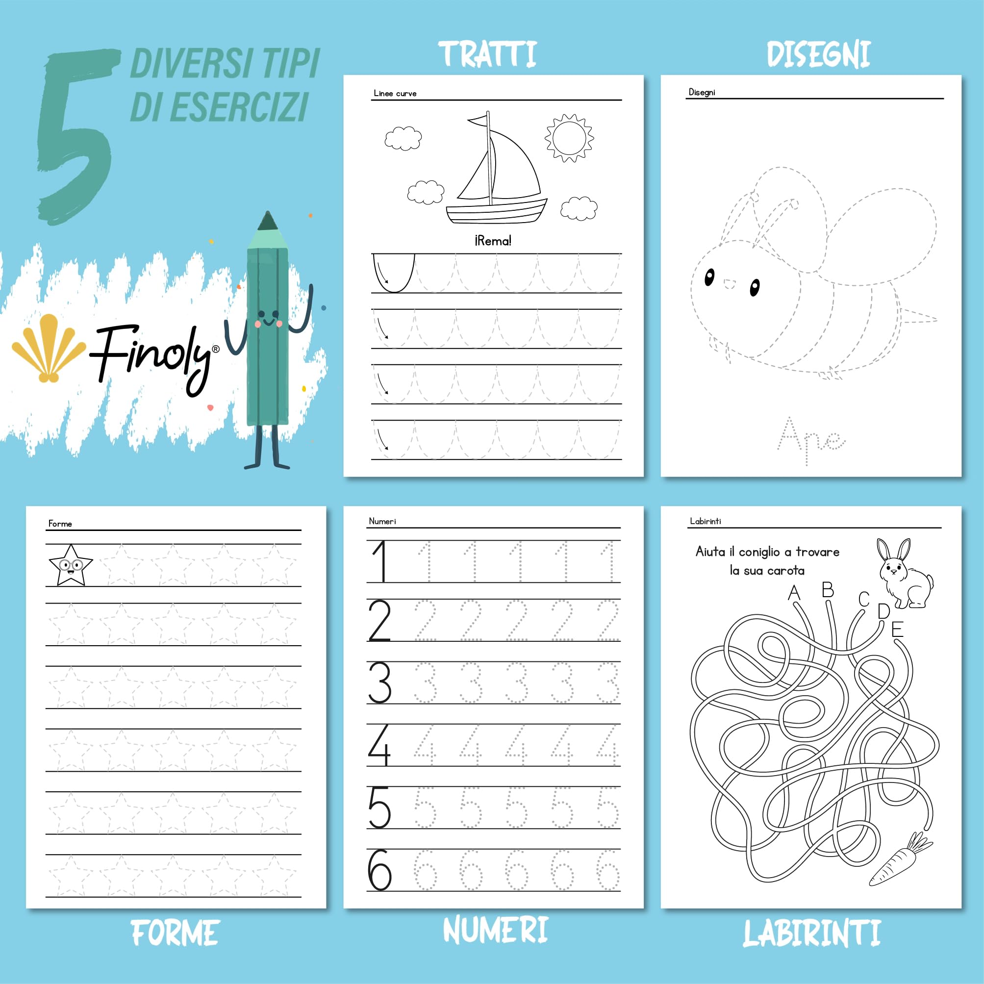 Finoly Libri Pregrafismo per Bambini | Libri Pregrafismo 3-6 Anni | Libro per Imparare a Scrivere A4 | Impariamo a Tracciare | Libro Ricalcare Lettere e Numeri | Quaderni Pregrafismo Attività Bambini