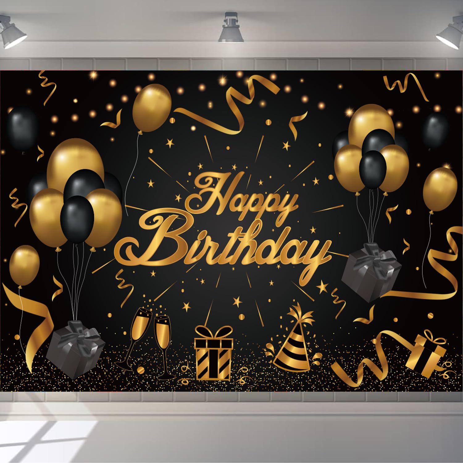 Black and Gold Balloon Happy Birthday Backdrop for Men Boy Prince Theme Party Table Wall Decorations Banner Sparkle Birthday Photo Booth Background