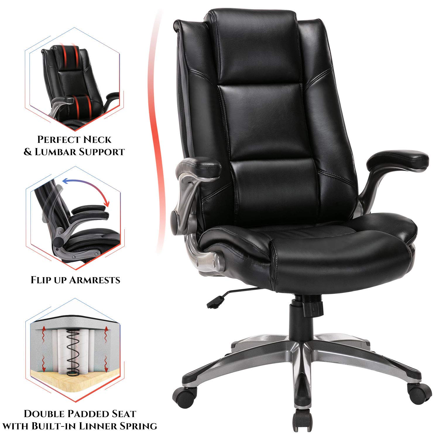 Office Chair High Back Leather Executive Computer Desk Chair - Flip-up Arms and Adjustable Tilt Angle Swivel Chair Thick Padding for Comfort and Ergonomic Design for Lumbar Support