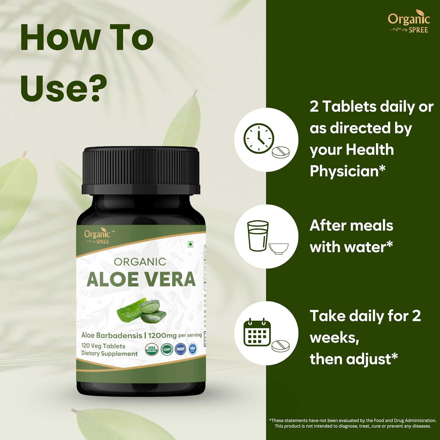 ORGANIC SPREE Aloe Vera Tablets | Aloe Barbadensis(Aloe Vera) | USDA Organic | Supports Digestion & Skin Health* | Dietary Supplement 120tab
