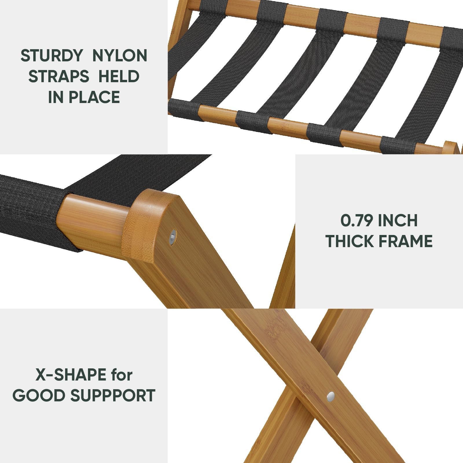 Smart FENDEE Paquete de 2 portaequipajes, soporte plegable para maleta con estante de almacenamiento, soporte de equipaje de bambú resistente que se adapta a la mayoría de tamaños de equipaje, soporta