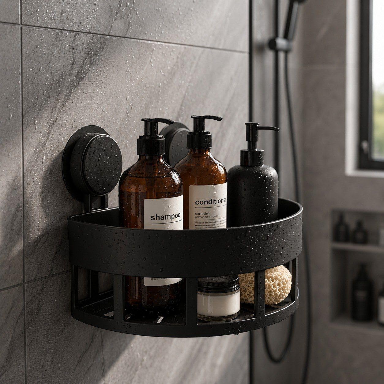 wall mounted corner bathroom shelf pack of 1, self adhesive shower caddy, no drill waterproof plastic bathroom organizer for shampoo, soap & toiletries