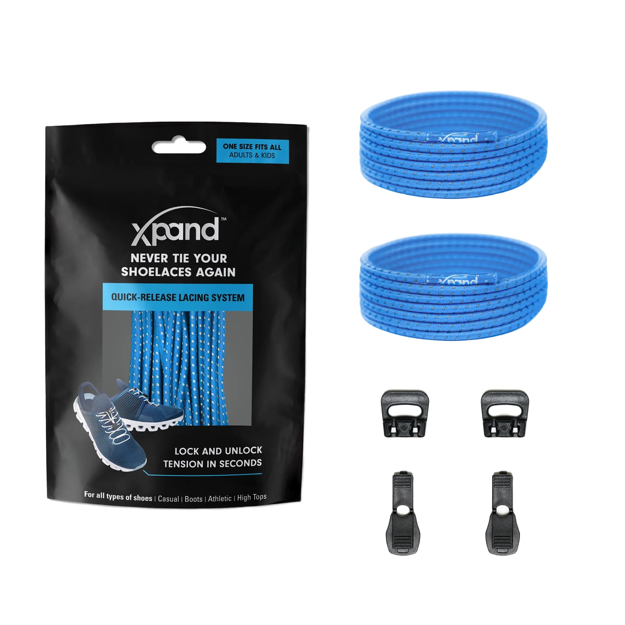 Xpand Round Lacing. Elastic No Tie Shoelaces - Quick Release Tension Control - One Size Fits All Adult and Kids Shoes
