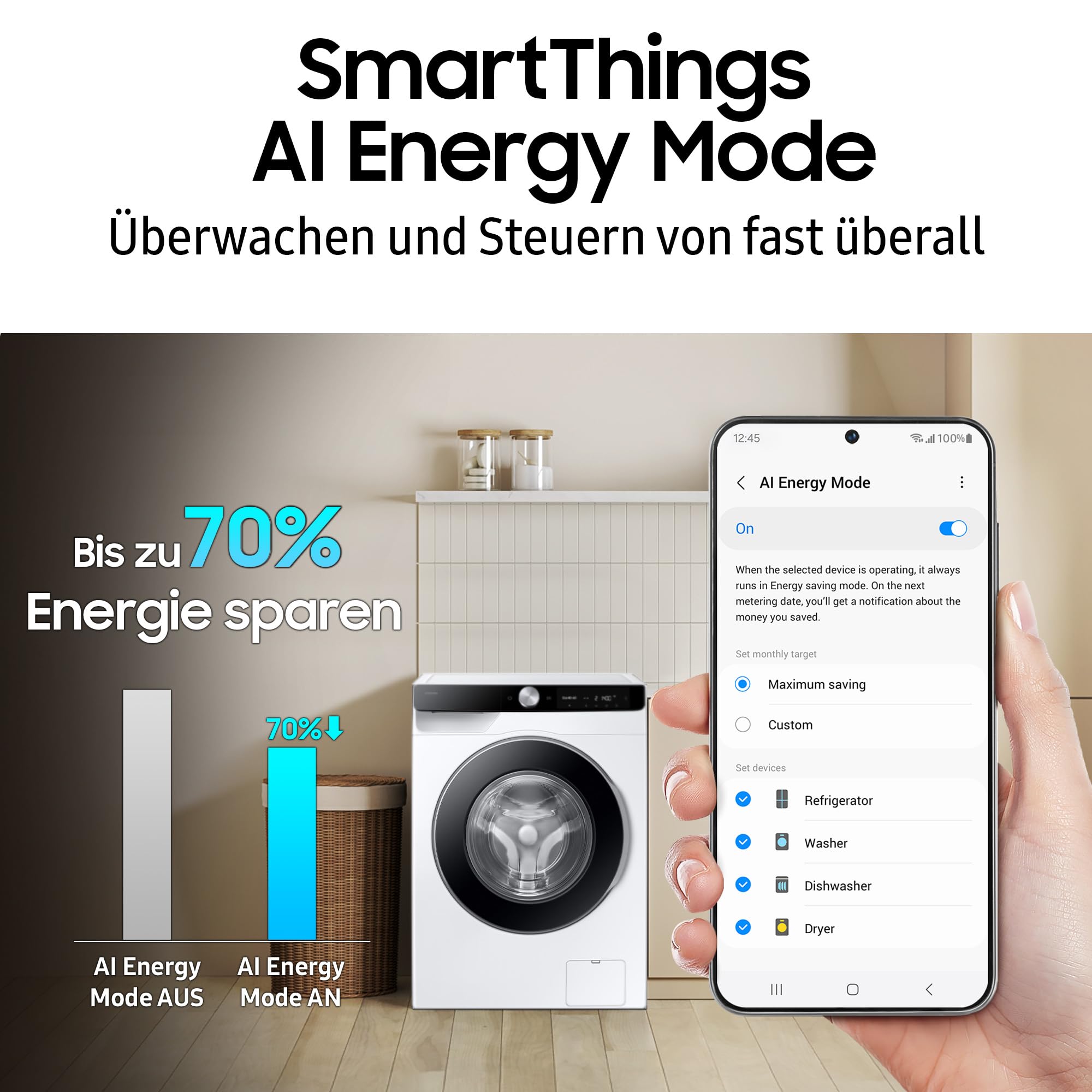 Samsung WW90DG6G94LKU2 Waschmaschine WW6100D SLIM, 9 kg, EEK: A (-10%), Klartext-Display, Dampfprogramm, SmartThings AI Energy Mode, Ecobubble, AI Wash, SuperSpeed 39 Min. Waschprogramm, Weiß