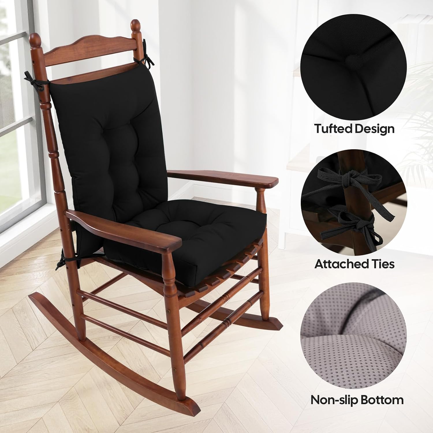 idee-home Rocking Chair Cushion, Glider Rocker Replacement Cushions, Waterproof Wicker Chair Cushions Indoor/Outdoor, Tufted Patio Seat Pads for Rocker Furniture, 21x17 Inch, Black