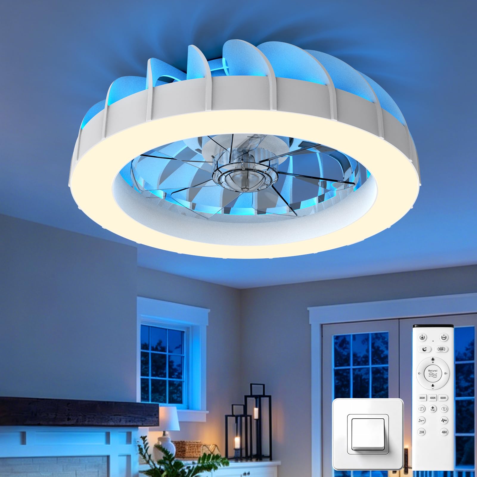 LED Deckenventilator mit Beleuchtung, 48cm Modern, 48W Dimmbar, Fernbedienung, Schwarz-Weiß Ring Design, 220V