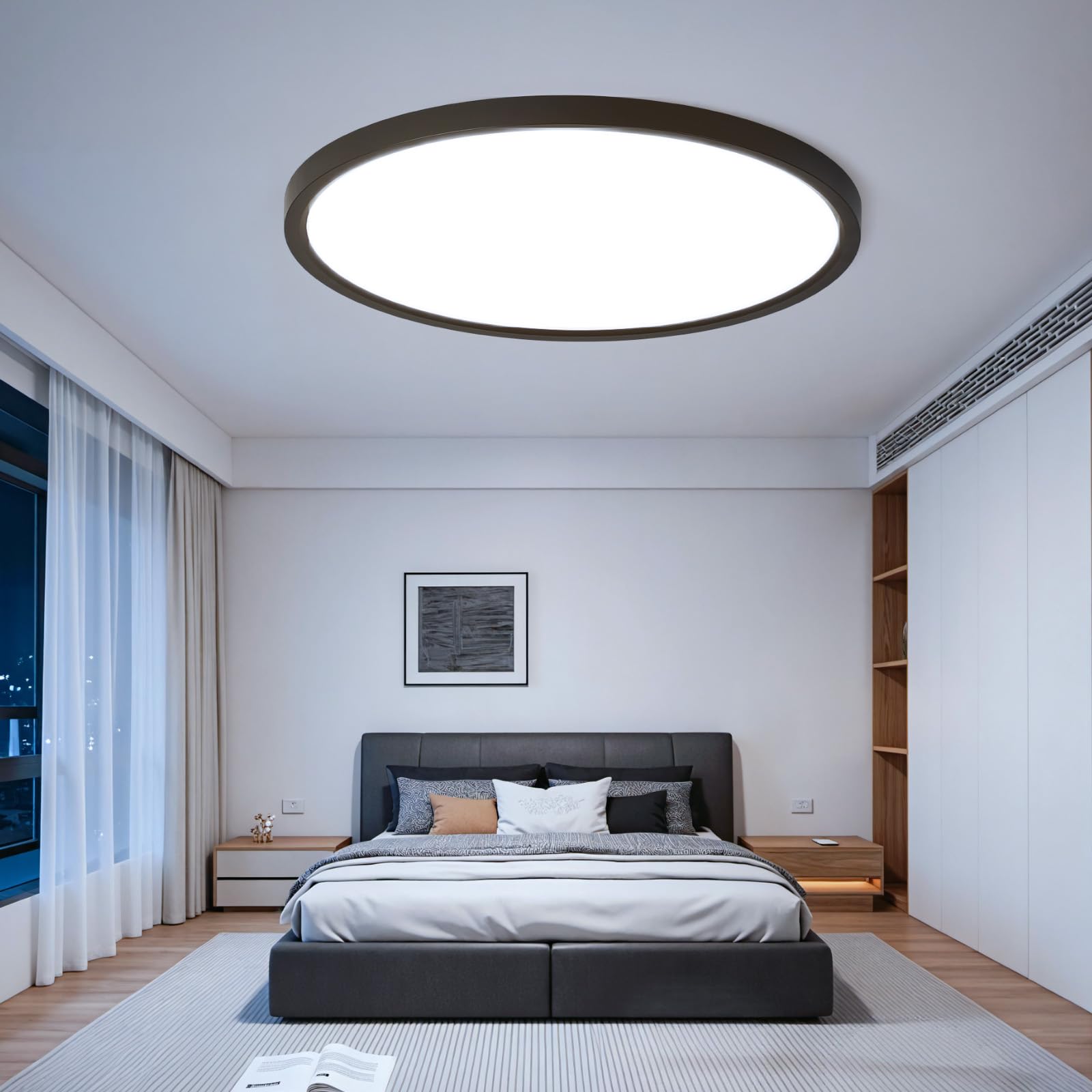 Okrągła lampa sufitowa LED 52 W, 5200 lm, ultra płaska czerń, wodoodporna IP44, zimna biel 6500 K, nowoczesna lampa do salonu, sypialni, kuchni, biura