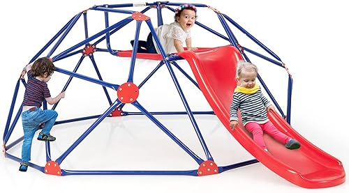 OLAKIDS Cúpula de escalar, para niños, al aire libre, gimnasio, escalador geodésico con tobogán, marco de acero, estructura de escalada de 8 pies,