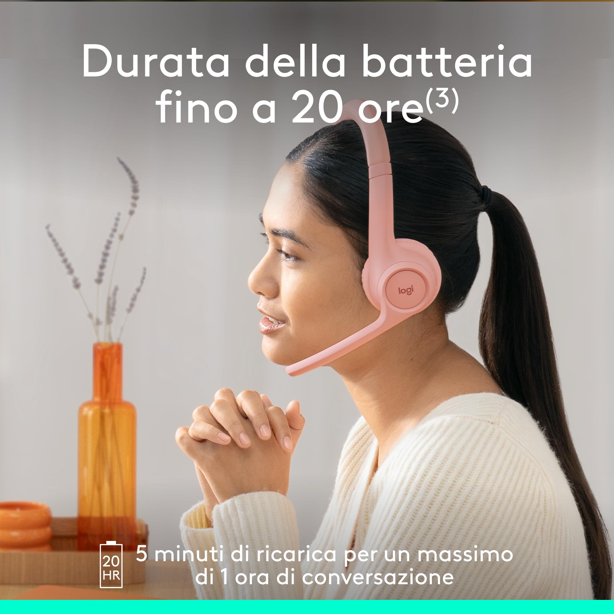 Logitech Zone 300, Cuffia con microfono wireless Bluetooth, cancellazione del rumore, compatibile con Windows, Mac, Chrome, Linux, iOS, iPadOS, Android - Rosa