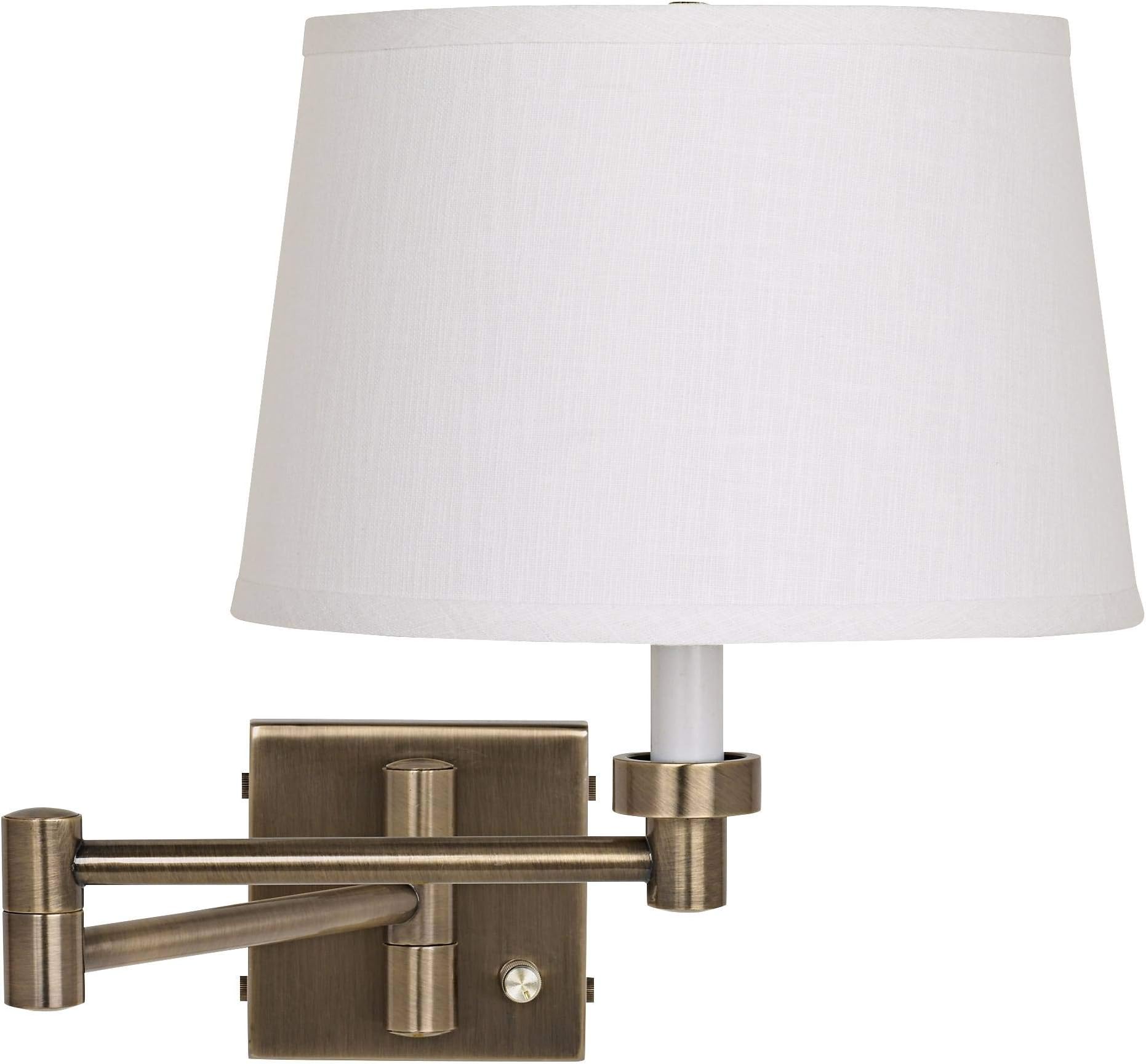 Modern Indoor Swing Arm Wall Lamp with Cord Antique Brass Plug-in Light Fixture Dimmable White Linen Drum Shade for Bedroom Bedside House Reading Living Room Home Hallway Dining