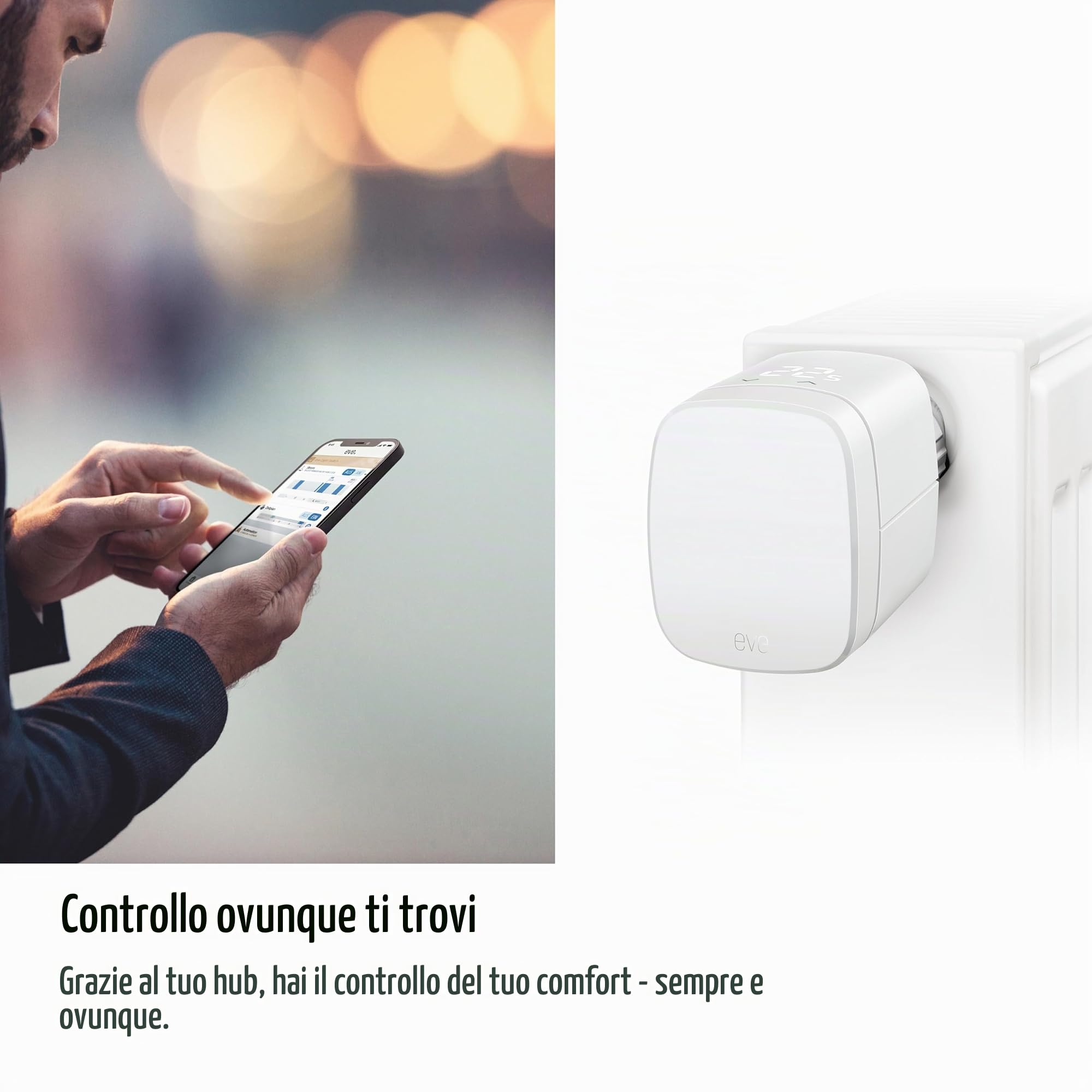 Eve Thermo (Matter, 4ª gen) set di 4: valvola termostatica intelligente, controllo automatico della temperatura, richiede Alexa, Apple Home, SmartThings o Google Home. necessario Thread Border Router