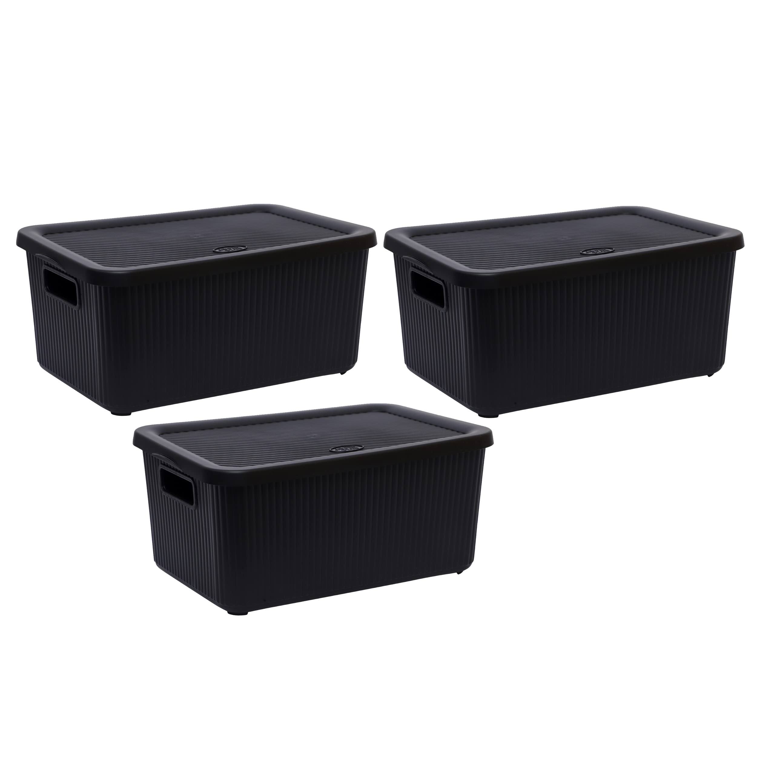 M1ss Black Set Of 3-14L Litre Large Plastic Knitted Storage Basket With Lid, Storage Box Stackable Organiser Lidded Bin Box Large Rib Box For Nursery, Kids, Closet, And Many More (Black)