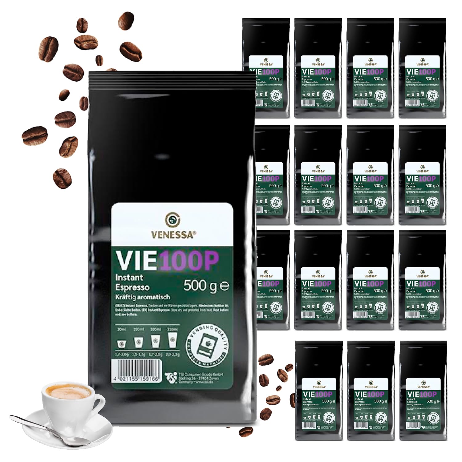 VENESSA VIE 100P Premium Instant Espresso 15 x 500 g delikatnie palone, silnie aromatyczne w smaku – do automatów Vending, gastronomii, firm