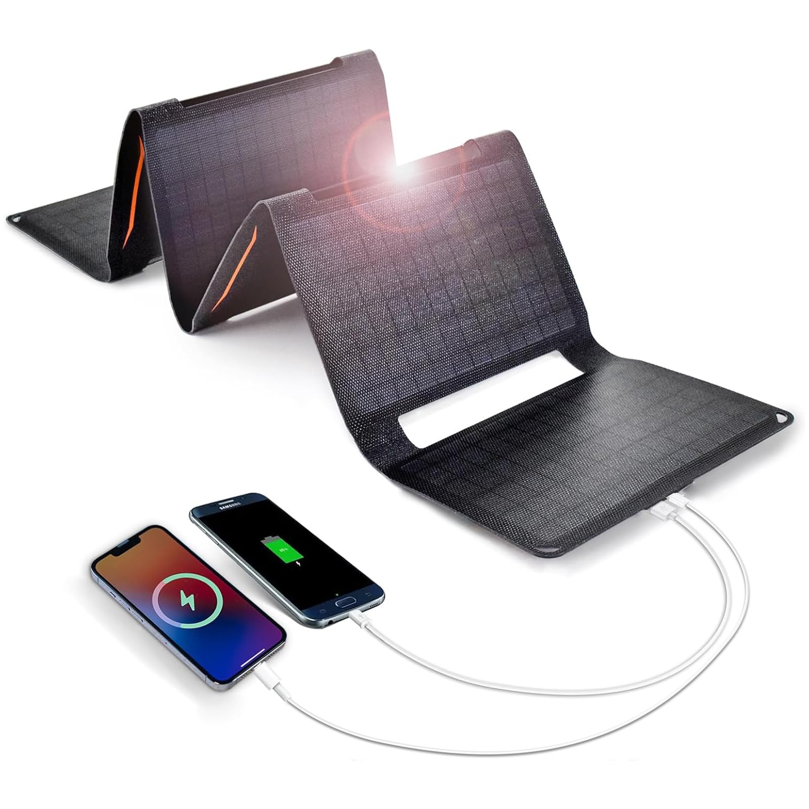 Cargador solar ETFE de 40 W con 2 puertos USB para teléfono móvil, tableta, ideal para camping, resistente al agua, IP68, para senderismo y exteriores, corriente de emergencia