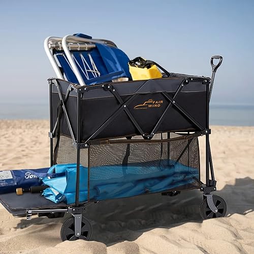 Miniatura 7 de FAIR WIND Carro plegable de doble piso, gran capacidad, resistente, con mango de extensión, ruedas grandes todo terreno para camping, deportes,