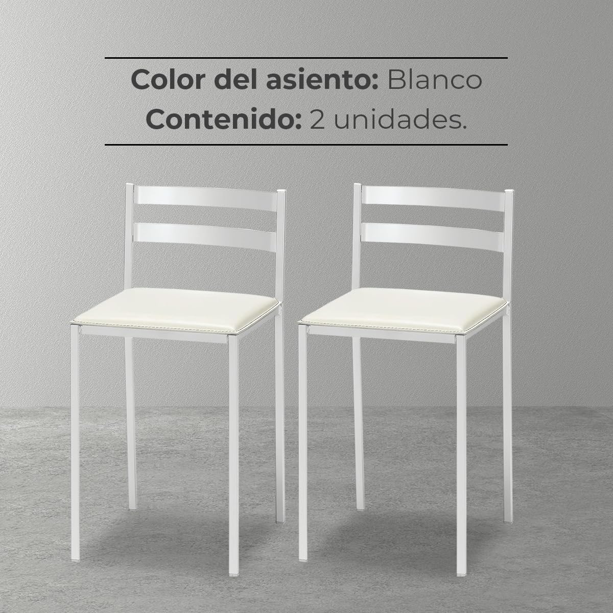 2 Taburetes de Cocina con Respaldo bajo, Franjas horizontales y Asiento tapizado - Estructura Color Blanco - Asiento en Polipiel Blanco