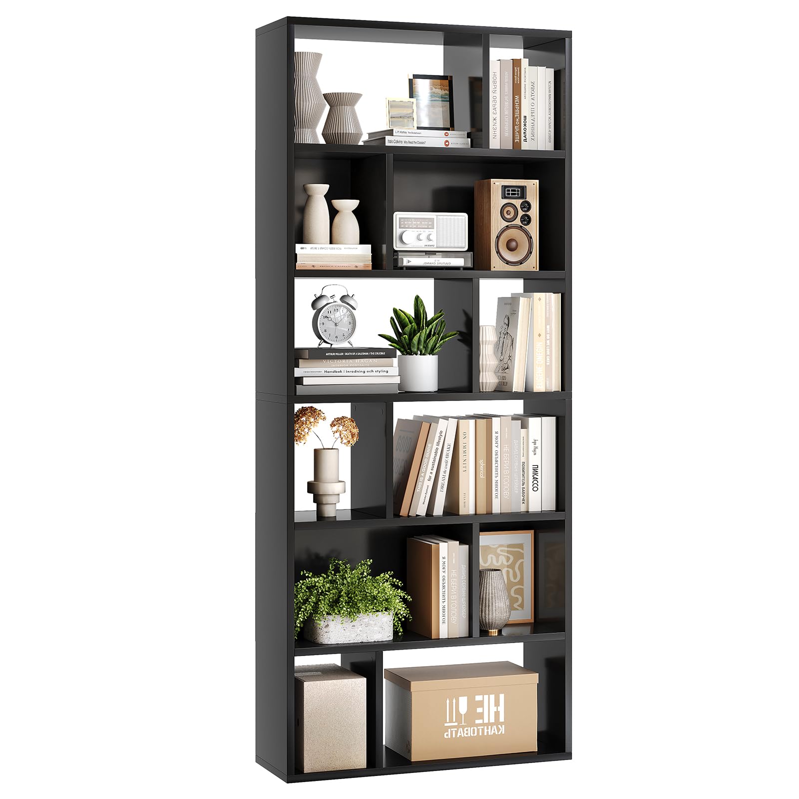 Bibliothèque, Étagère à 6 Niveaux, Cloison Séparateur, Présentoir, Meuble de Rangement avec 12 Compartiments Ouverts pour Salon, Chambre, Bureau, 24 x 60 x 173 cm, Noir